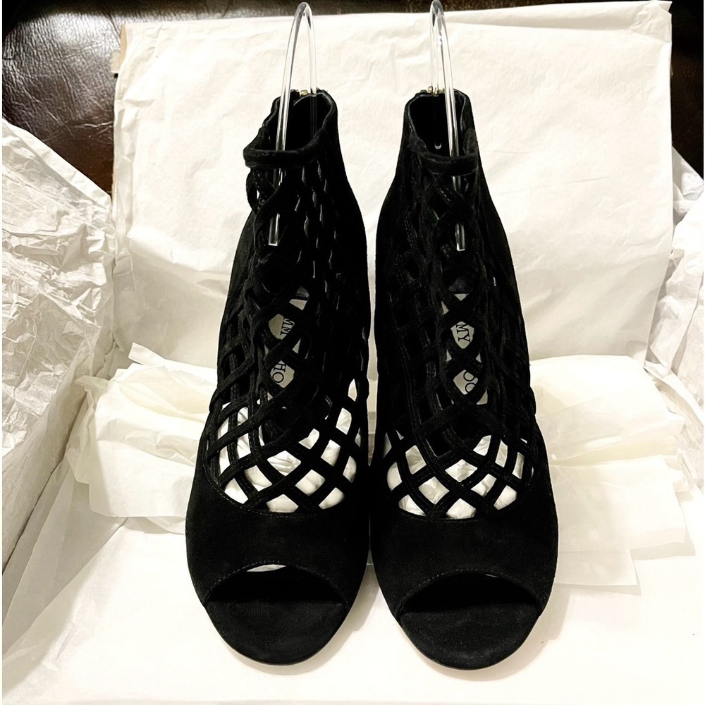 Jimmy Choo fishnet gladiator ankle peeptoe bootie Supple suede lthr blk EU37.5 - Picture 2 of 9